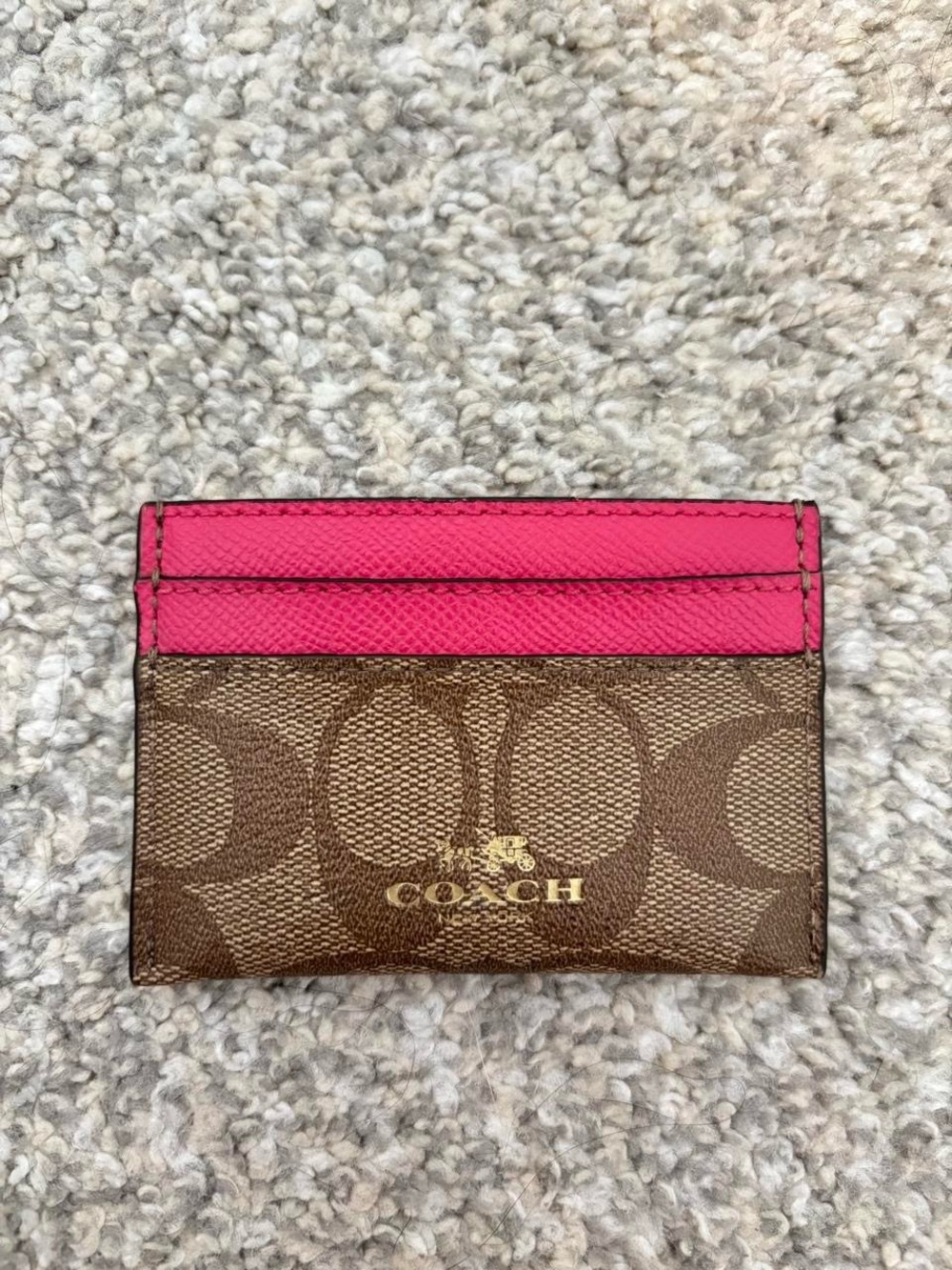 Coach Brown Signature Card Holder with Pink Leather Top